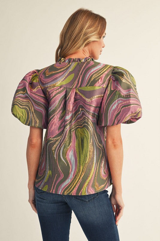 Green Mix Multi Color Abstract Jacquard Top