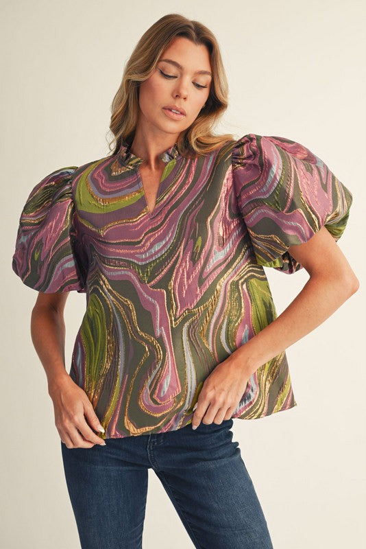 Green Mix Multi Color Abstract Jacquard Top
