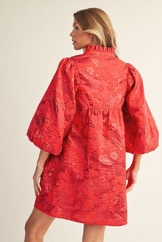 Red Ruffled Neck Floral Jacquard Dress