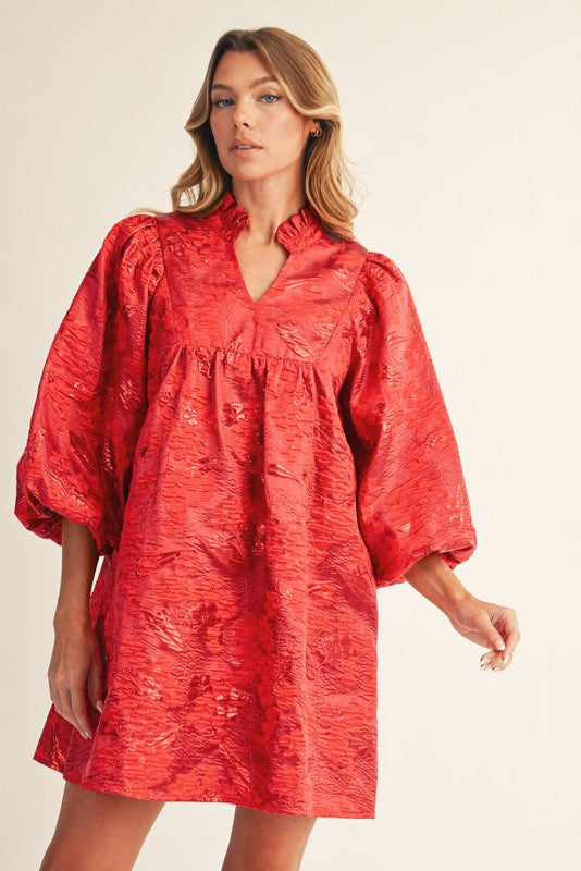 Red Ruffled Neck Floral Jacquard Dress