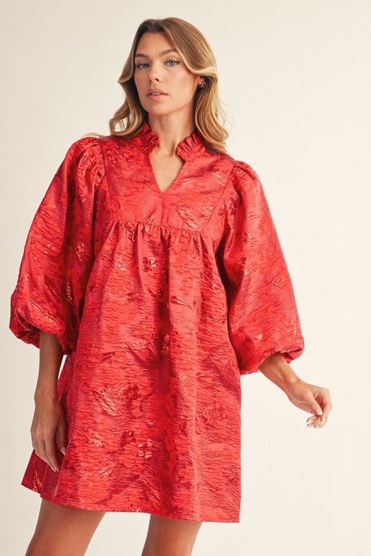 Red Ruffled Neck Floral Jacquard Dress