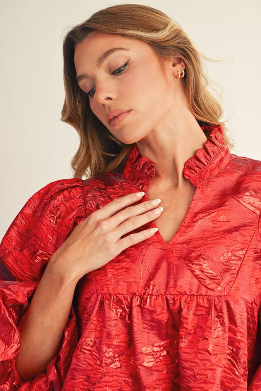 Red Ruffled Neck Floral Jacquard Dress