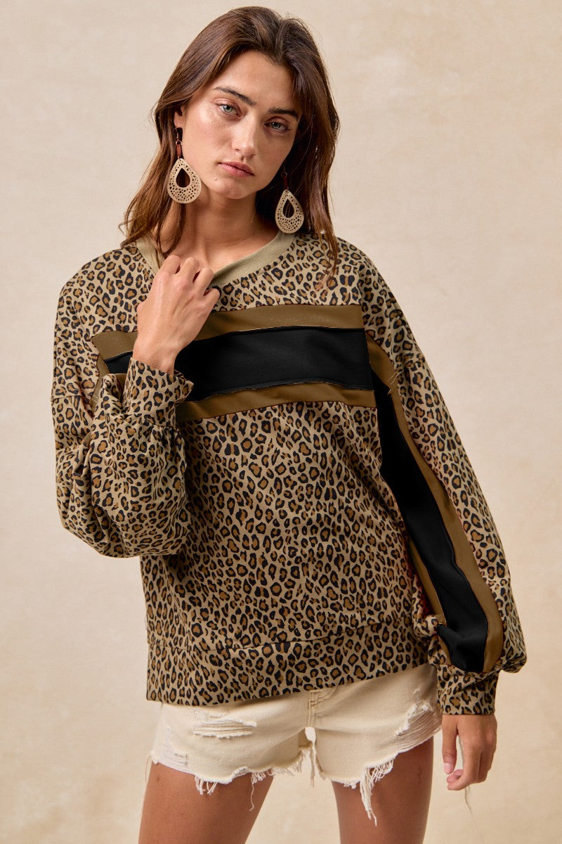 Leopard French Terry Color Block Top With Cut Edge