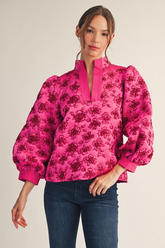 Hot Pink Puff Sleeves Floral Jacquard Top