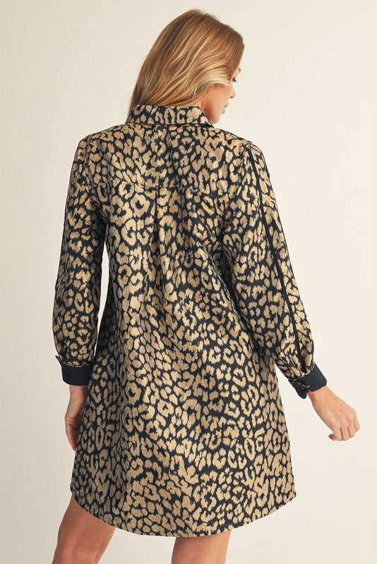 Black Mix Solid Contrast Button Down Metallic Leopard Dress