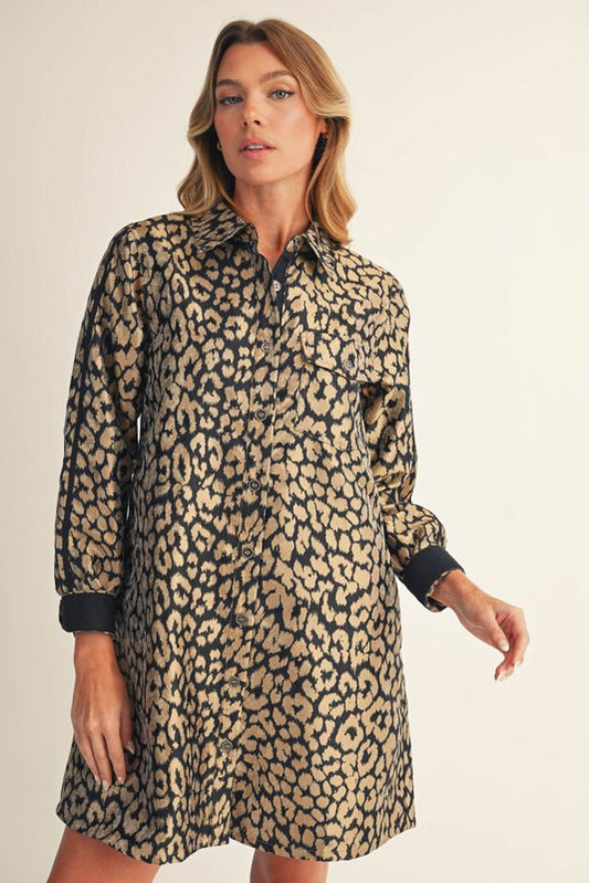 Black Mix Solid Contrast Button Down Metallic Leopard Dress