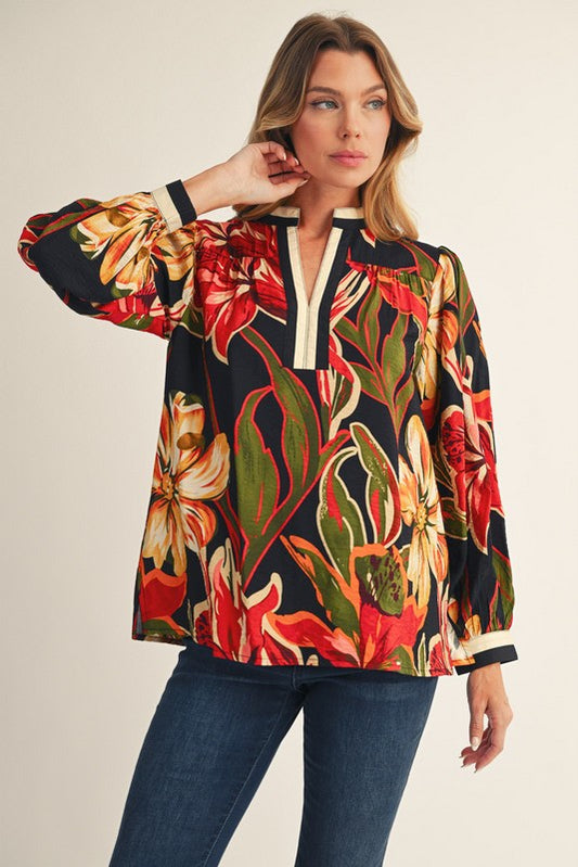 Brick Mix Long sleeves floral top with solid contrast detail, standing neckline.