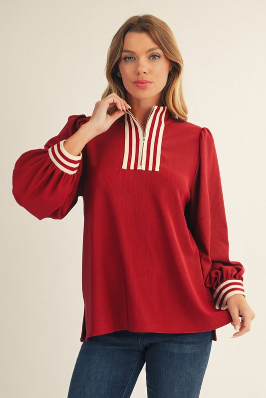 Maroon Color Rib Band Accent High Neck Top