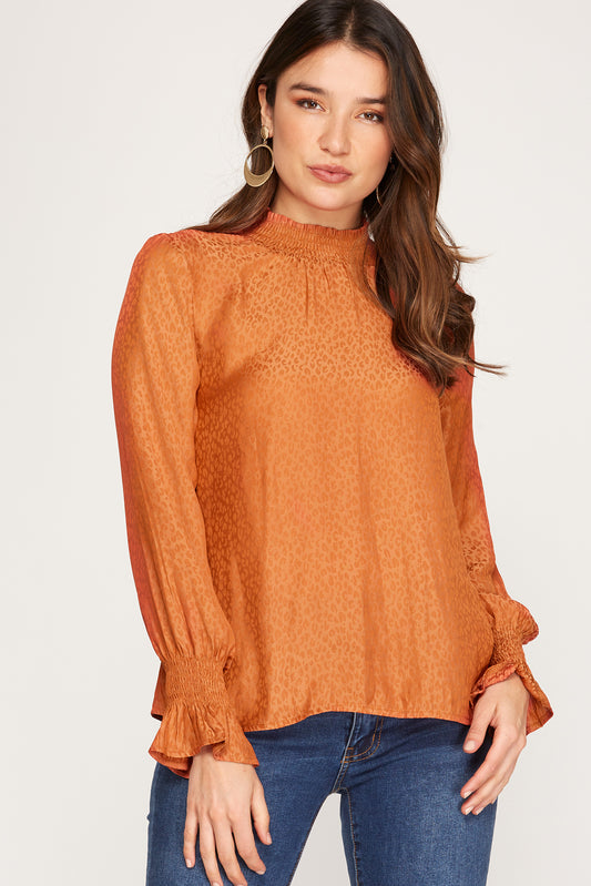 RUST LONG SLEEVE SMOCKED NECK SATIN JACQUARD TOP