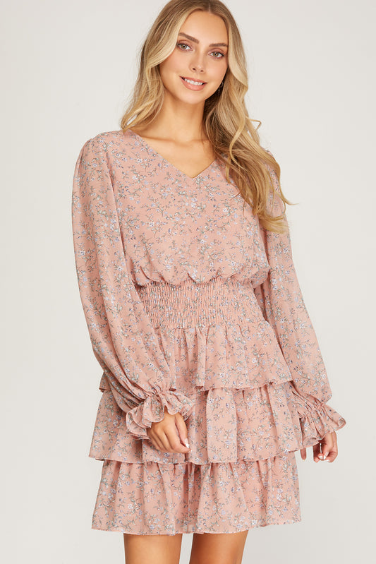 SOFT PINK FLORAL LONG SLEEVE WOVEN PRINT TIERED DRESS