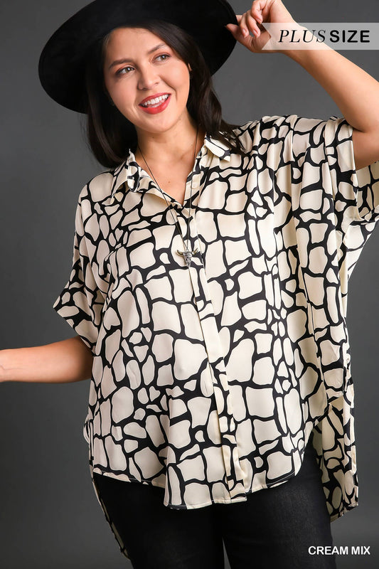 Cream Mix Collared Button Down Print Short Sleeve Top Side Slit, High Low-Hem