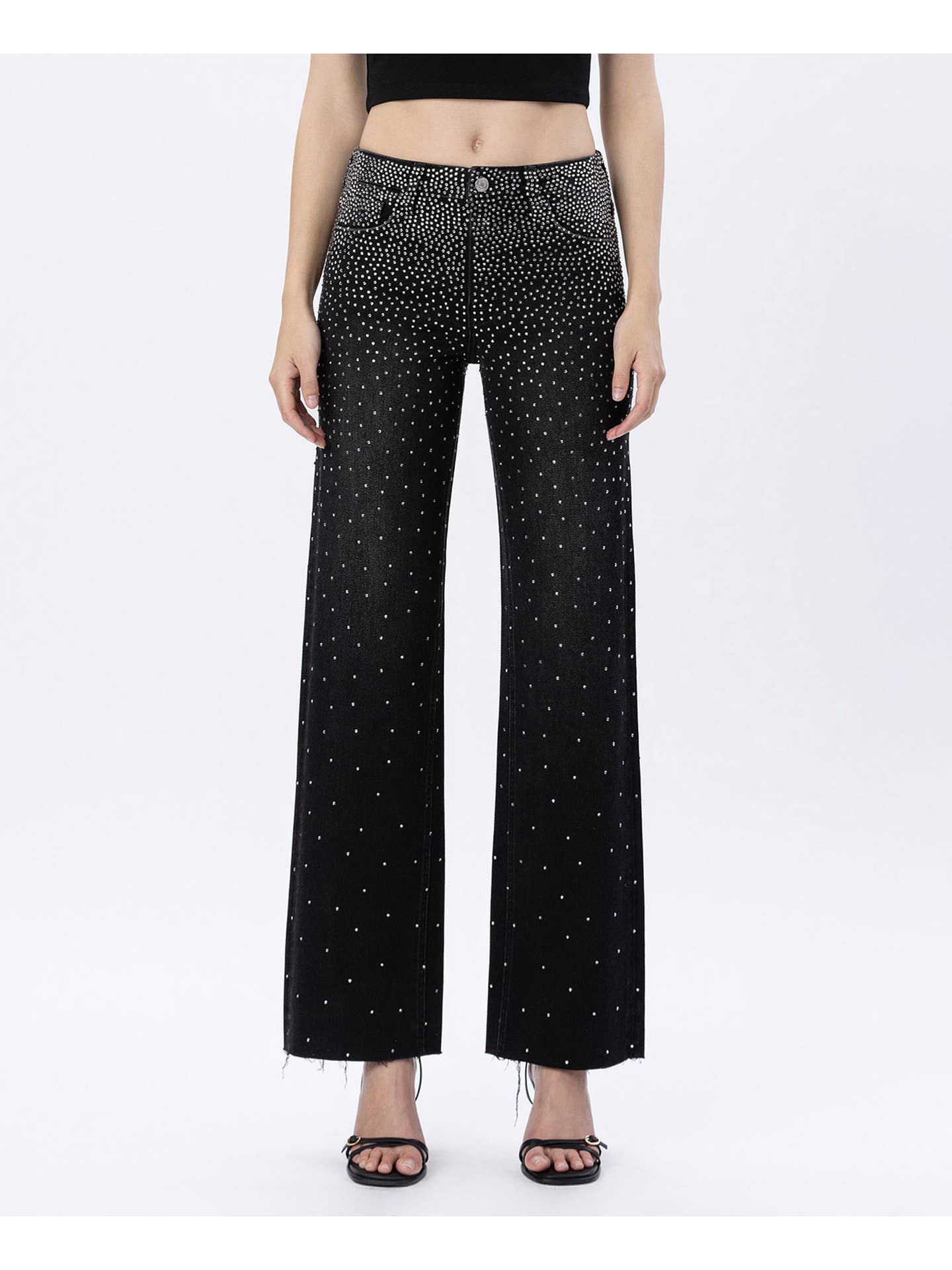 High Rise Raw Hem Rhinestone Slim Wide Jeans