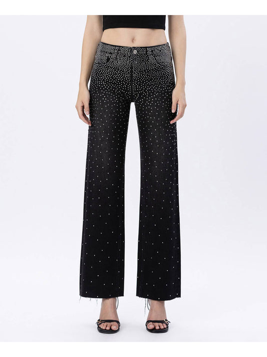 High Rise Raw Hem Rhinestone Slim Wide Jeans
