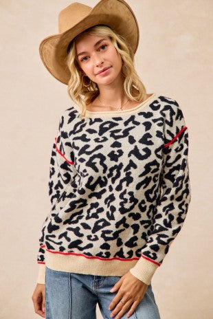 Black and White Leopard Printed Knit Top With Contrast Binding