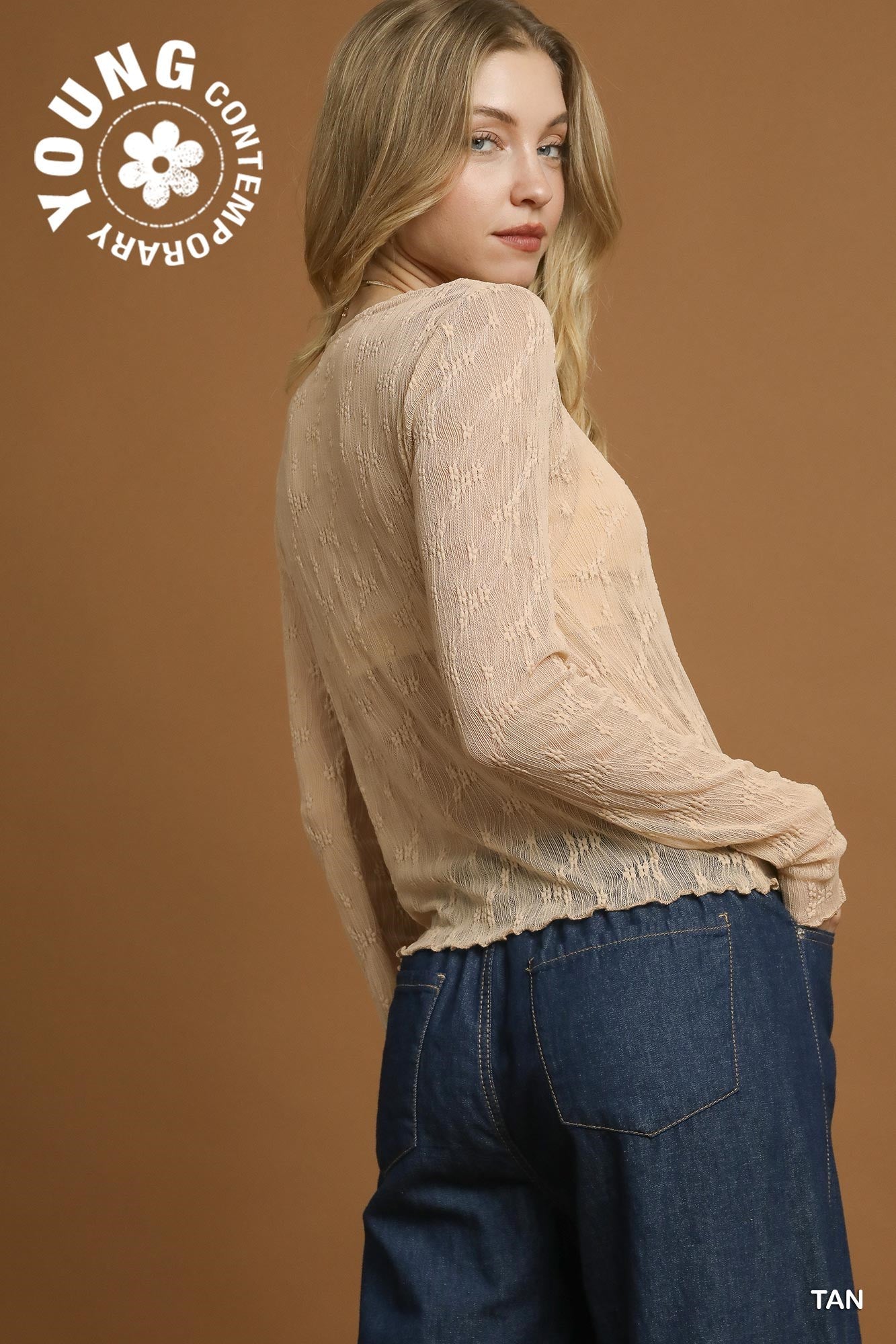 Tan Lace Textured Long Sleeve Top
