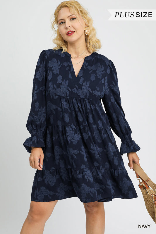 Navy Jacquard Tiered Babydoll Dress