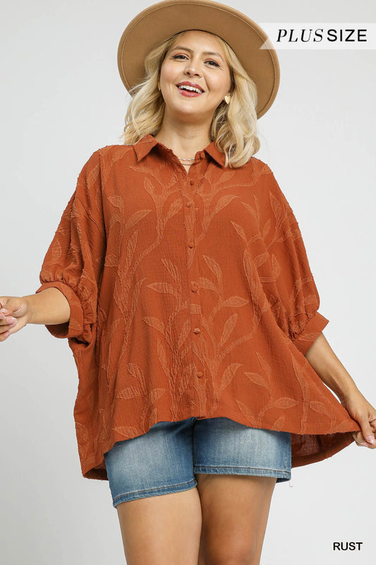 Rust Jacquard Textured Leaf Button-Down Blouse