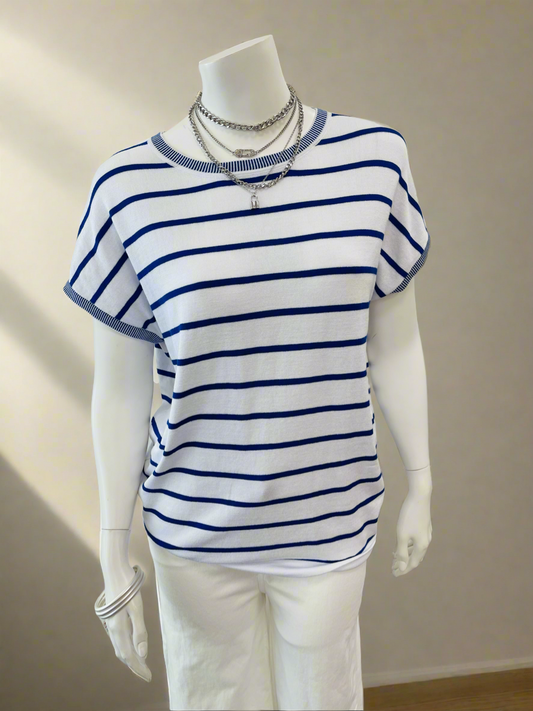 White Blue Stripe Cap Sleeve Top