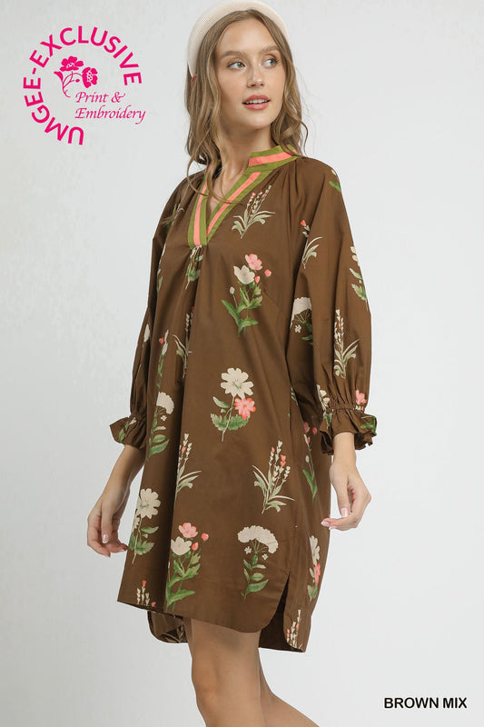 Brown Floral Tunic Dress with Contrast Trim