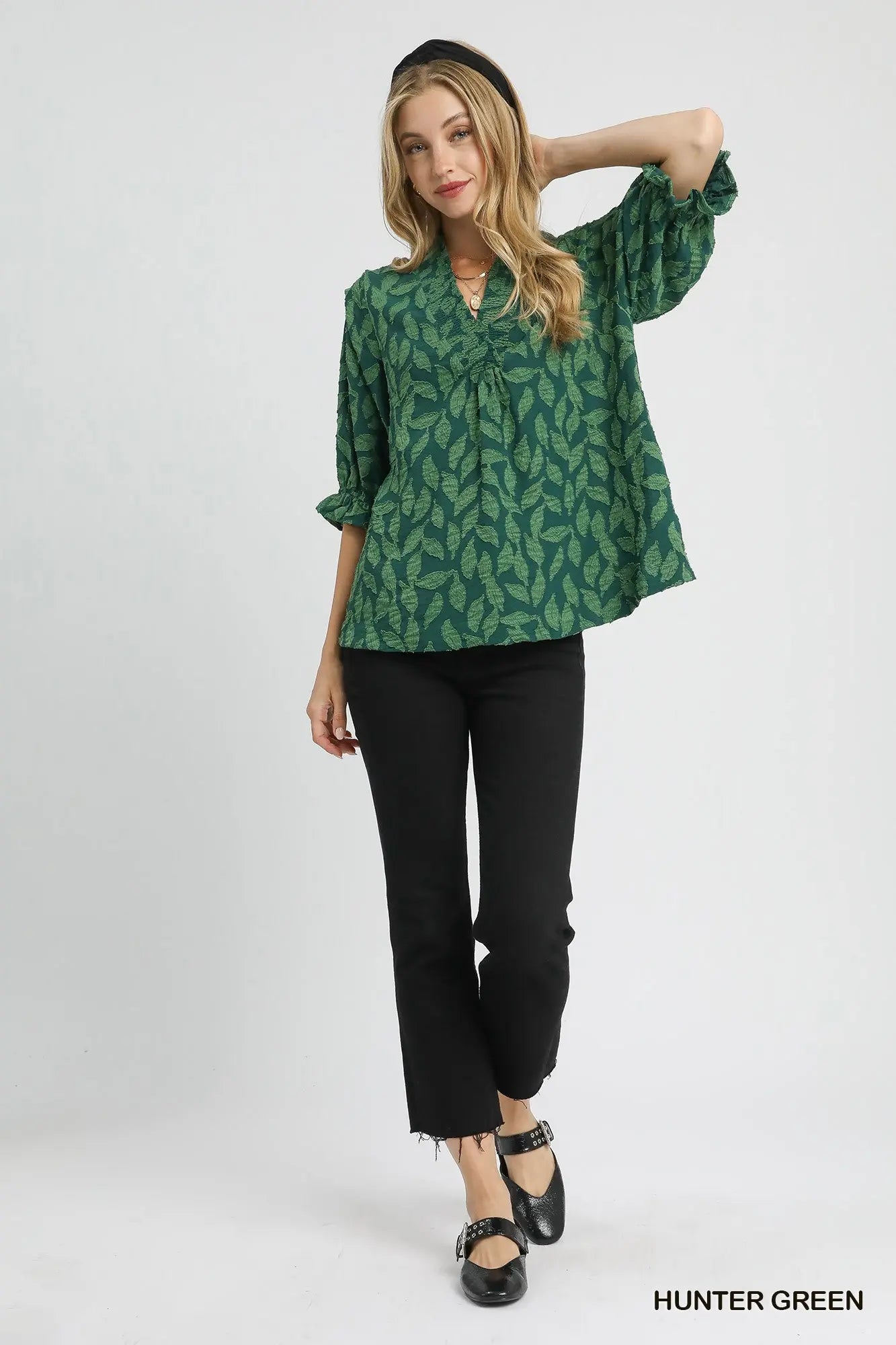 Hunter Green Floral Jacquard V-Neck Top