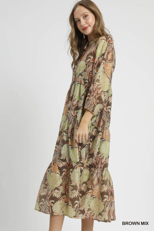 Brown Mix Floral Print Midi Dress