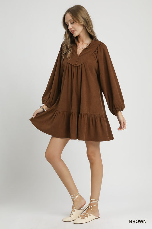 Brown Corduroy Tiered Babydoll Dress