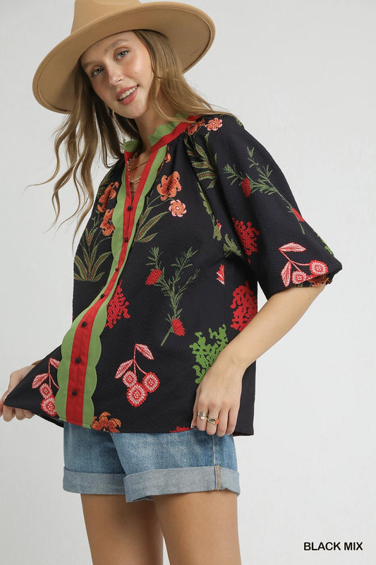 Black Mix Floral Textured Blouse with Scalloped Trim
