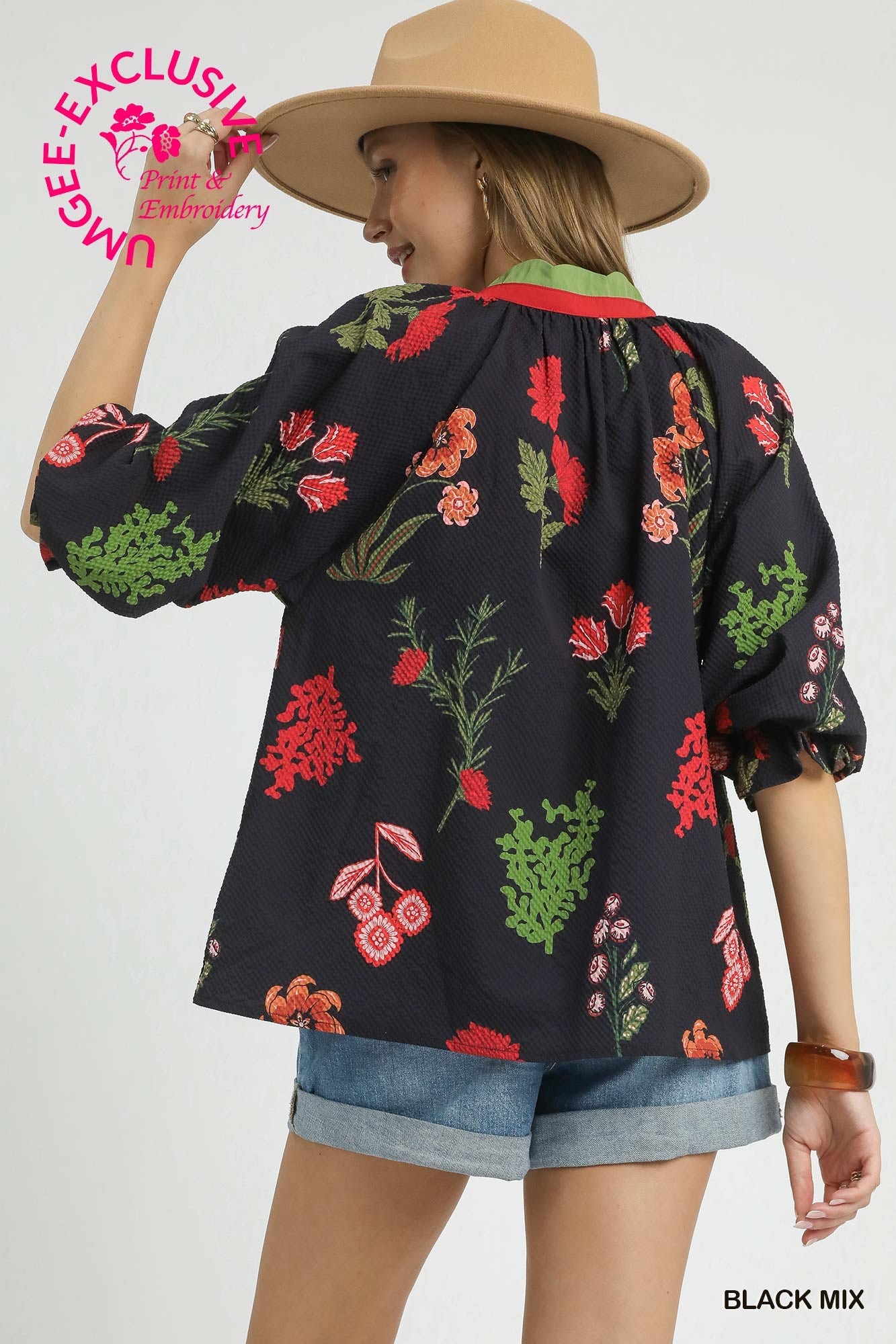 Black Mix Floral Textured Blouse with Scalloped Trim