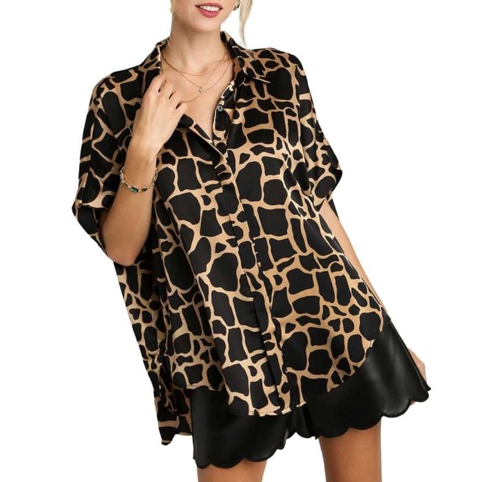 Giraffe Print Button Down Collared SS Satin Top