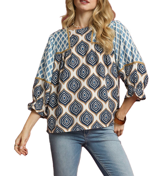 Blue Mix Retro Geometric Print Top