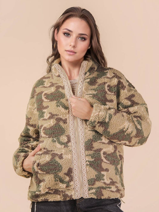Camo Oversized Trim Detail Printed Casual Fleece Jacket