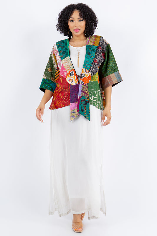 Patchwork Boho Frog Closure Jacket