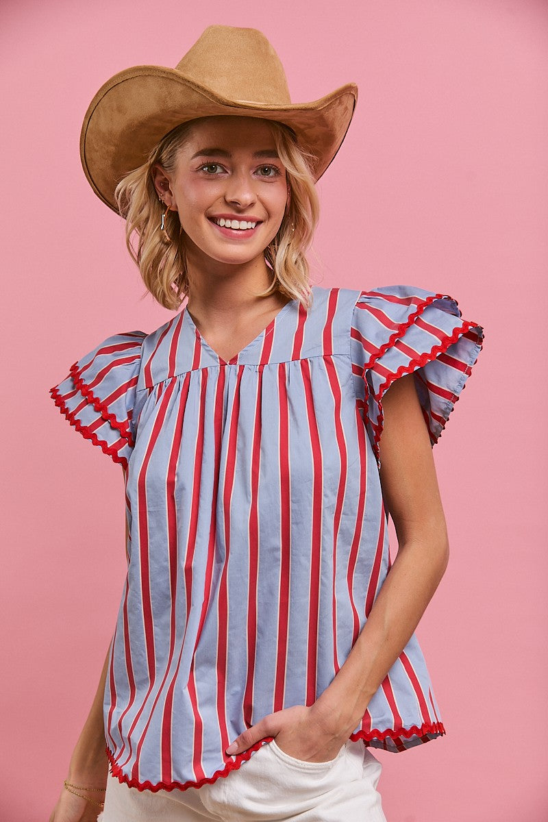 Wavy Trim Edge Stripe Woven V Neck Top