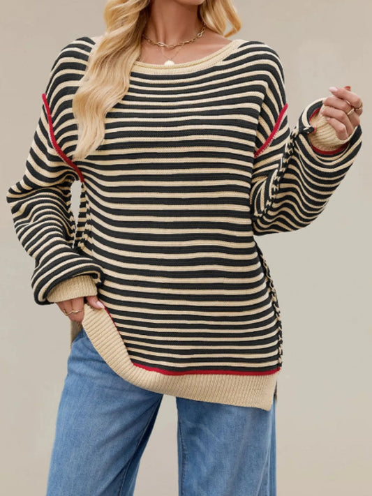 Black and White Stripe Knit Contrast Binding Top