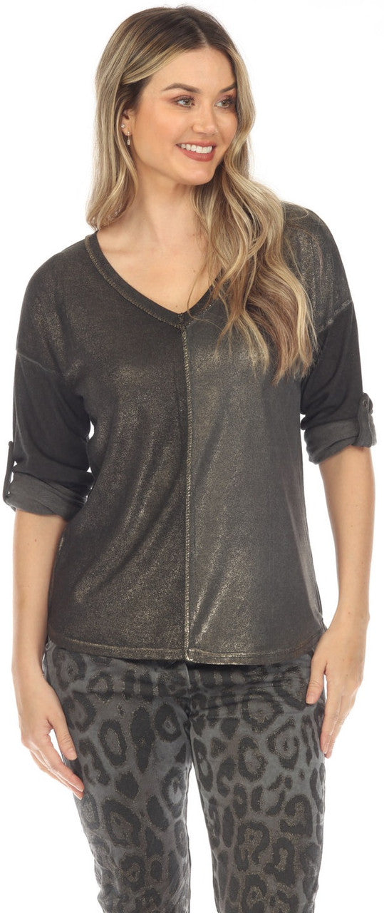 Black Shimmer V Neck Tee