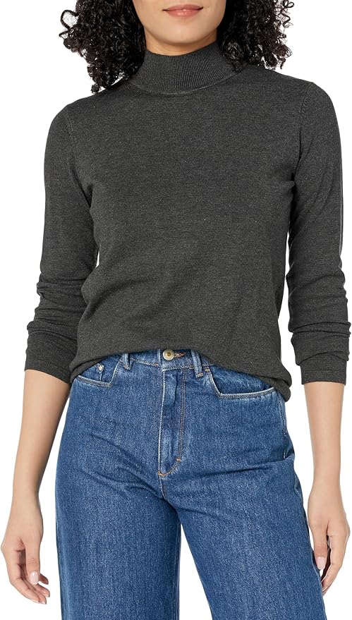 Heather Grey  Long Sleeve Mock Neck Solid Sweater Knit Top