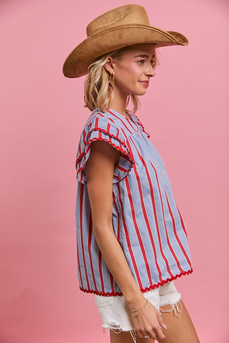Wavy Trim Edge Stripe Woven V Neck Top
