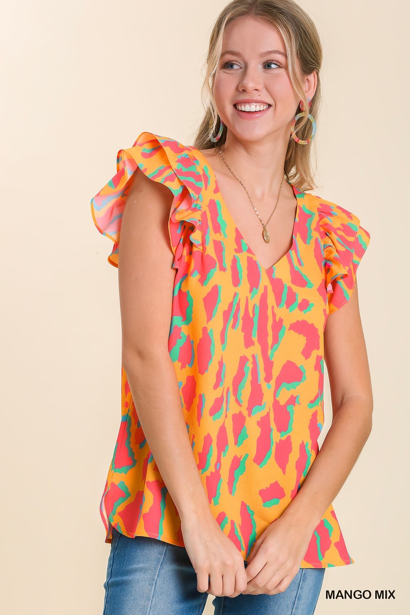 Mango Mix Abstract Print V-Neck Top with Double Layer Ruffle Sleeves