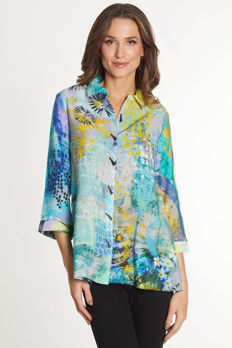 WOVEN BUTTON FRONT TUNIC - ABSTRACT MULTI