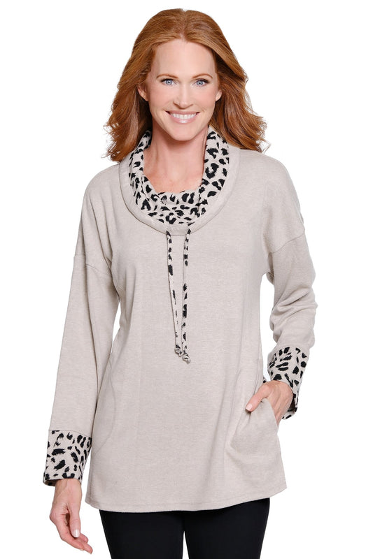 Knit Cowl Neck Tunic - Neutral Animal Print