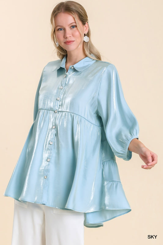 Sky Satin Non-Stretch 3/4 Sleeve Collar Button Down