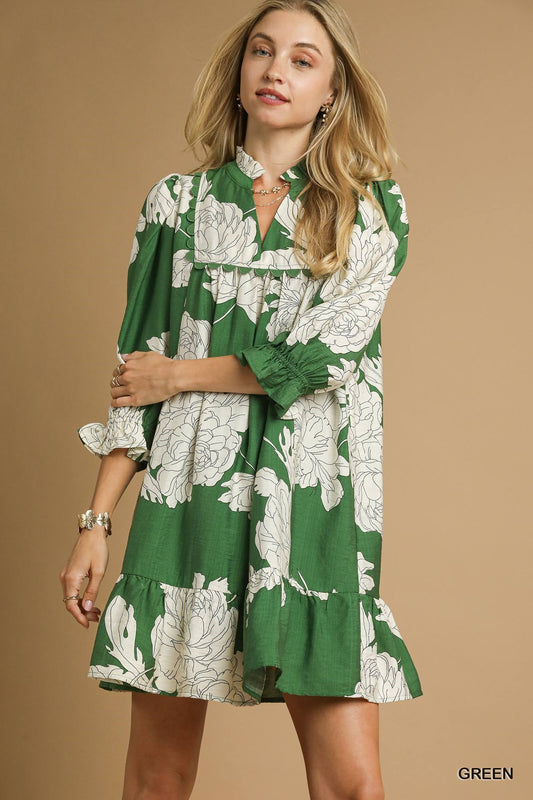 Green and White Floral Tiered Babydoll Dress