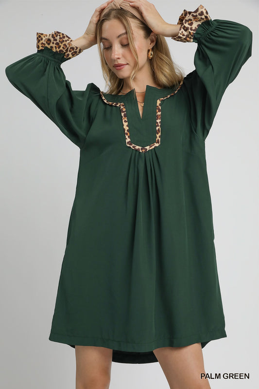 Palm Green Tunic Dress with Leopard Trim Accents