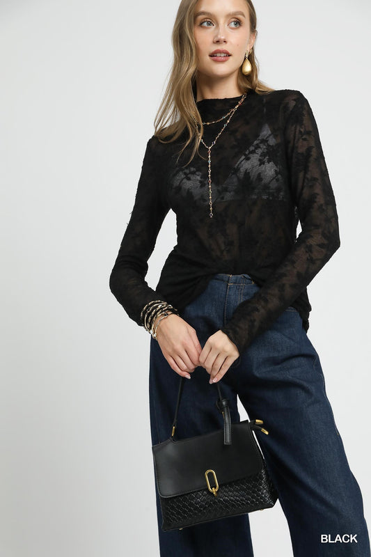 Black Lace Sheer Long Sleeve Top