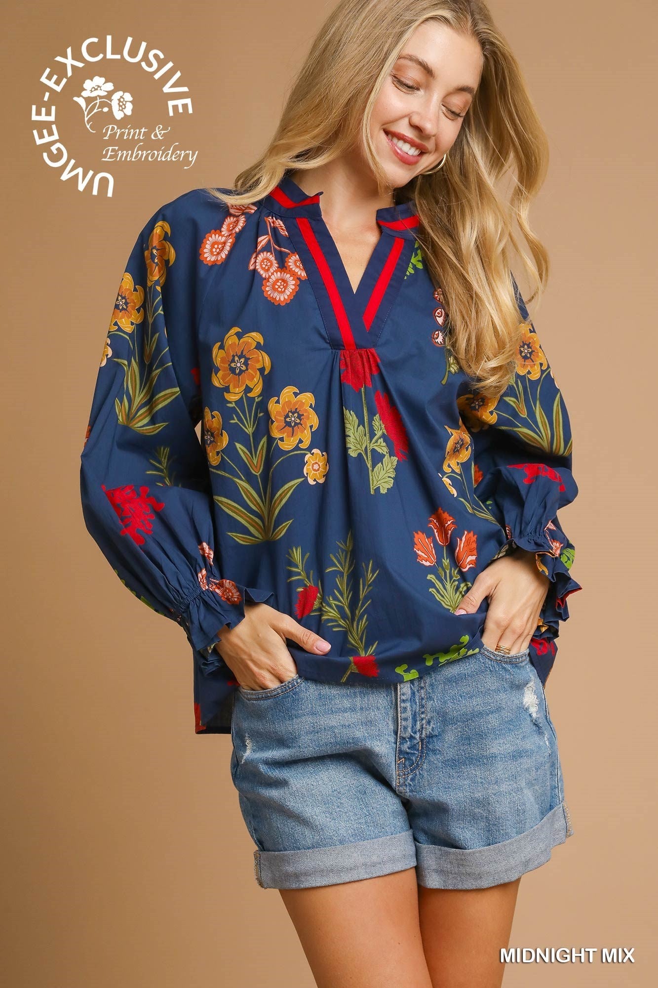 Midnight Blue Floral Print V Neck Open Collar Top