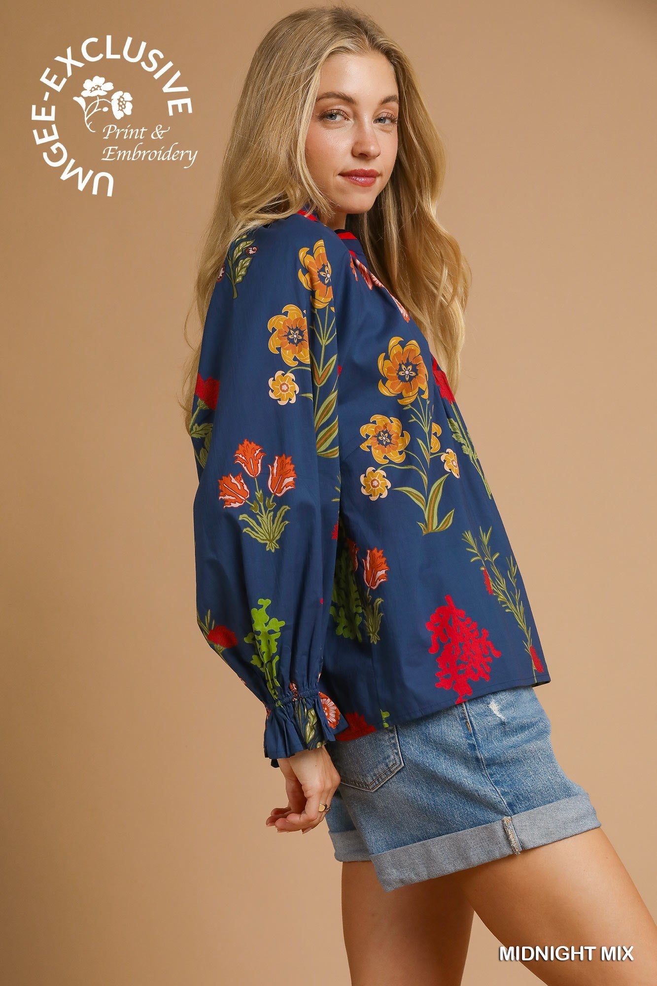 Midnight Blue Floral Print V Neck Open Collar Top