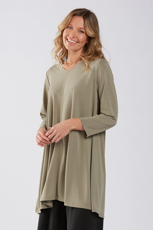 Dusty Sage V Neck Long Tunic with Back Buttons