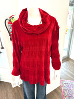 Dark Red Pleated Velvet Cowl Neck Blouse