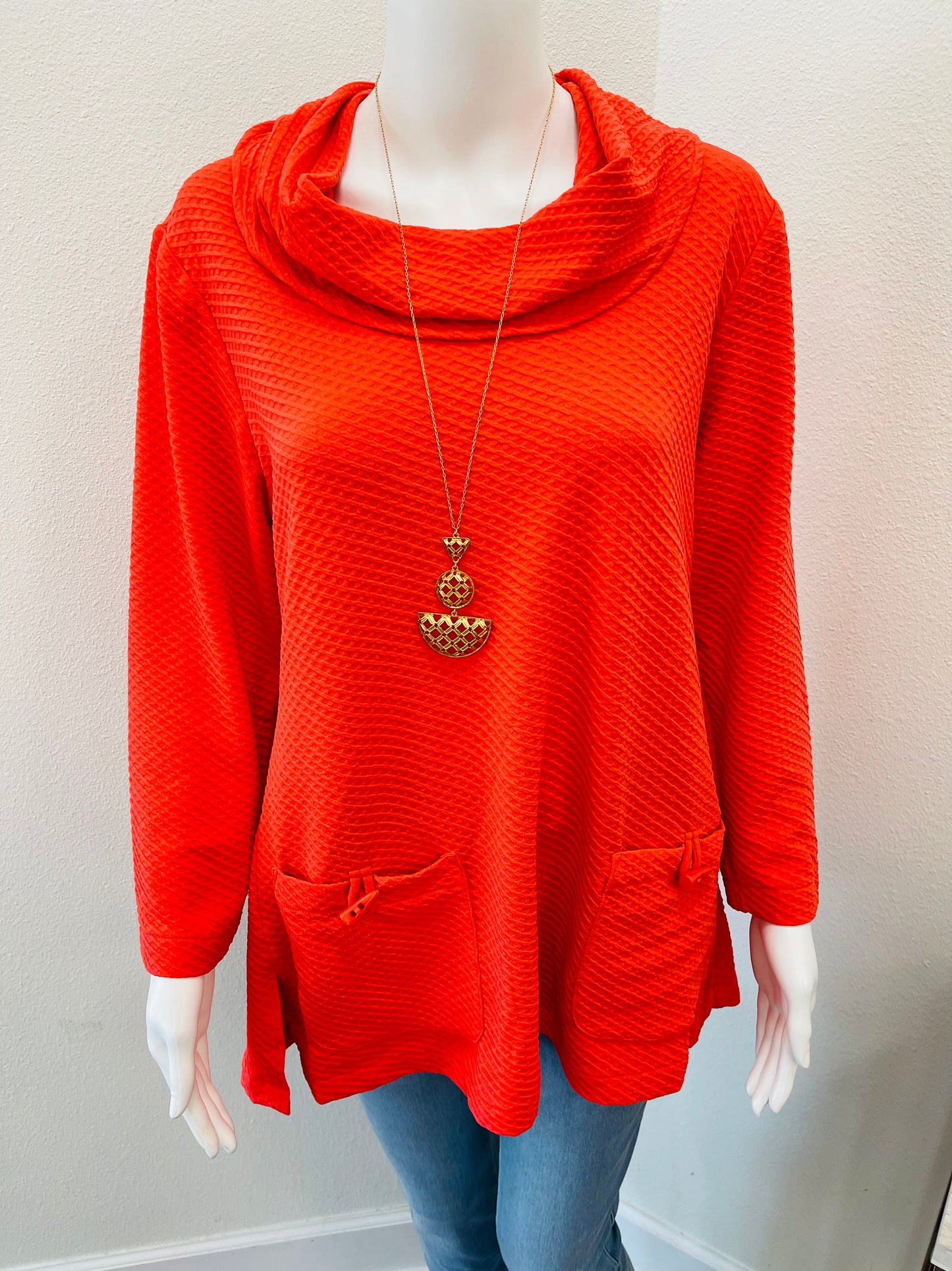 Orange Coral Waffle Weave Cowl Neck Top