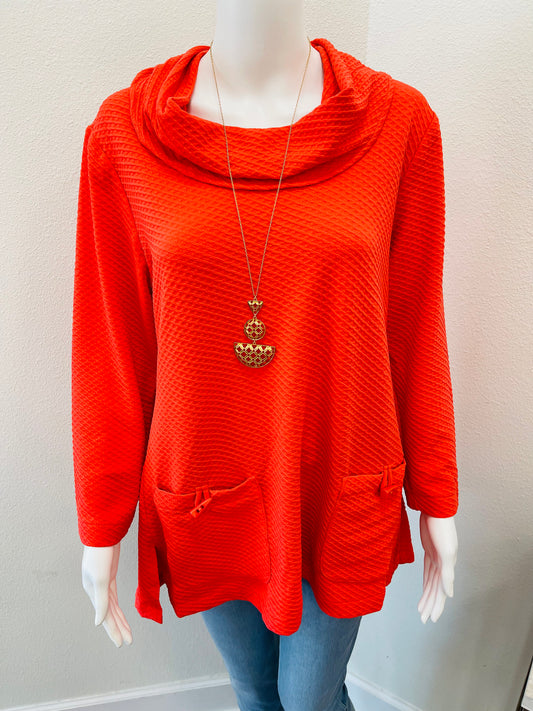 Orange Coral Waffle Weave Cowl Neck Top